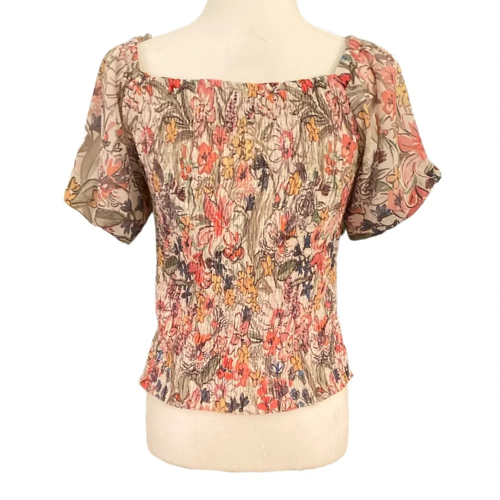 Anthropologie Aurelia Smocked Floral Puff Sleeve Cropped Crinkle Top - S - Picture 7 of 14